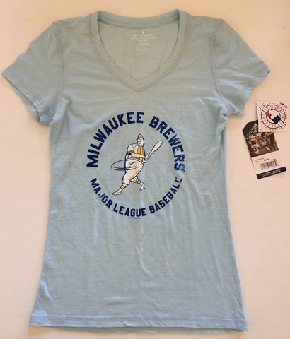 Milwaukee Brewers Barrelman Ladies V-Neck Tee Shirt Blue Large NWT Cover
