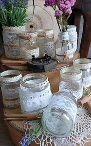Hochzeits-Set -10 x Vasen mit Spitze - Teelichthalter - Vintage - Set 5 - Bild 1 von 15