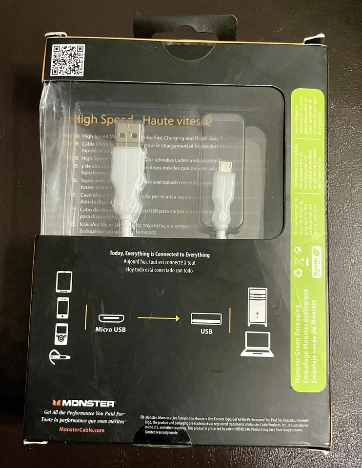 6” Monster Cable Usb-A To Micro-USB 6 inch Short Charging Cable Cord Wire Dock - Image 1 of 2