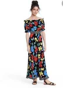 NWT Rixo for Target Black Floral Off the Shoulder Dress Sz 0 Puff Sleeve - Picture 1 of 7