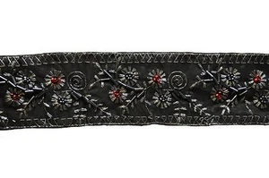 Cuentas de vidrio rojo bordadas plateadas antiguas de 2" Unotrim borde de encaje negro por yarda - Imagen 1 de 1