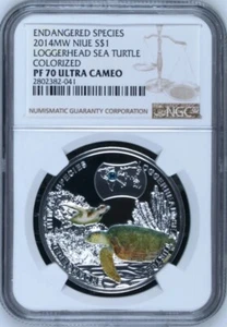2014 Unechte Karettschildkröte gefährdete Tierarten 1/2 oz PF70 UC Niue - Bild 1 von 2