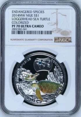 2014 Loggerhead Sea Turtle  Endangered Animal Species 1/2 oz  PF70 UC Niue - Image 1 of 2