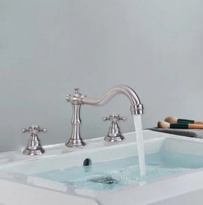 Brushed Nickel Brass Widespread 3 Holes Bathroom Sink Faucet Water Tap mbn012 - Picture 1 of 10