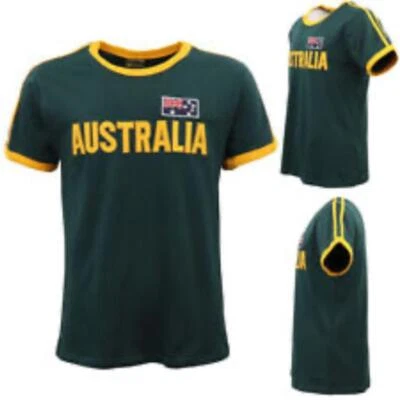 Australia Embroidered Green & Yellow Football Soccer Ringer Tee T-Shirt Kids 12 - Image 1 of 4