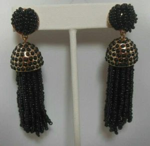 Signed BaubleBar Long Black Beaded Tassel Earrings - Picture 1 of 3