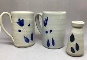 Salt Glazed Pottery 4” Coffee Tea Mugs Lot 2 Plus Bud Vase Handmade Virginia - Picture 1 of 12
