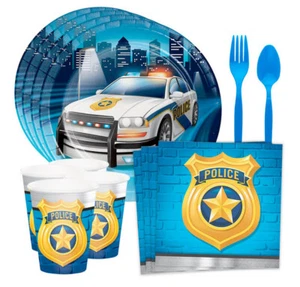 POLICE Birthday Party Kit for 8 guests Plates Napkins Cups Tablecloth Cutlery - Picture 1 of 2