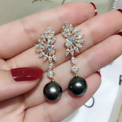 stunning pair of 9-10mm tahitian round black green pearl dangle earring 925s - Image 1 of 4