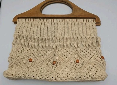 Vtg Macrame Wood Handle Tote Bag Neutral Wood Beads Boho/ Retro/Hippie Handbag - Image 1 of 4