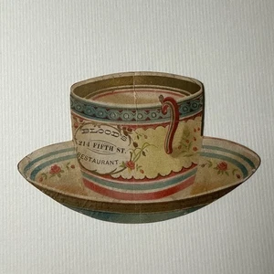 1880s BLOOD’S RESTAURANT 224 Fifth St Tea Cup Victorian Trade Card antique - Picture 1 of 8