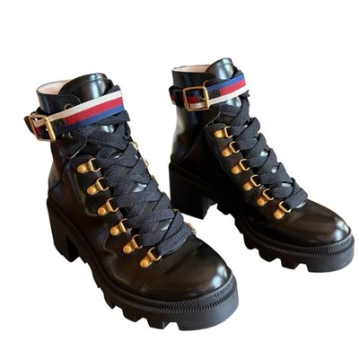Botas de combate Gucci Trip de cuero Sylvie Web con cordones EU 37 US 7 Foto 1 de 4