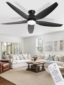 5 Blades 52" Ceiling Fan with Light amd Remote, Black Flush Mount Ceiling Fan... - Picture 1 of 9