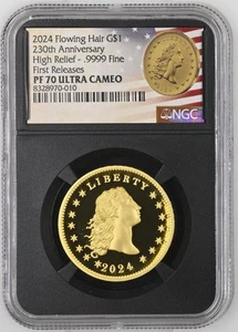 2024 Flowing Hair $1 1 Oz Gold High Relief Coin NGC PF70 UC First Releases Retro - Picture 1 of 4