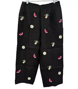 Talbots Crop Pants 14p Women's Irish Linen Black Embroidered Printed Fruit High - Picture 1 of 8