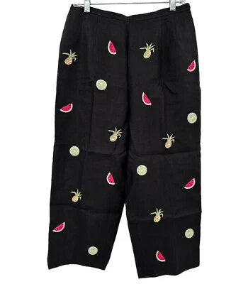 Talbots Crop Pants 14p Irish Linen Black Embroidered Fruit High Waist Resort - Image 1 of 4