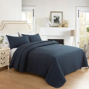 3Pcs Blue-Leaves Pattern Quilted Comforter Set Queen Size Reversible Quilt Set - Picture 1 of 8