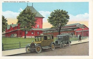 Bristol, Virginia Postcard Union Station Railway Classic Cars  c 1928     A5 - Picture 1 of 2