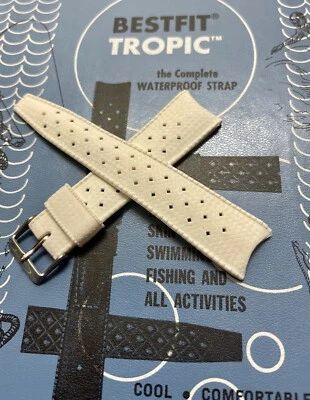 Original 1960s white 22mm curved genuine Tropic Swiss watch band modern buckle - Photo 1/4