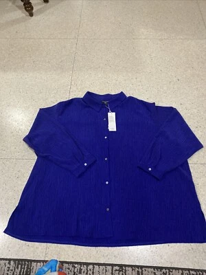 Camisa EILEEN FISHER Mujer Azul Texturizada Clásica Plisada Minimalista Botón 3X Foto 1 de 4