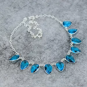 Collar de plata de ley 925 hecho a mano con piedras preciosas de topacio azul suizo joyería - 18" - Imagen 1 de 6