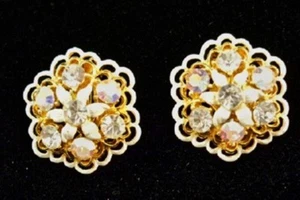 Pendientes CLIP 59 Vintage BLANCO Aurora Borealis Estrás Blanco Esmaltado - Imagen 1 de 3