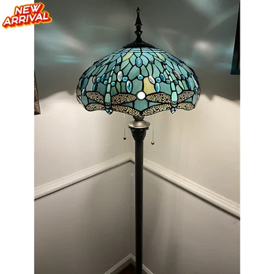 Tiffany Style Floor Lamp Sea Blue Stained Glass Vintage Style Bedside End Table - Image 1 of 4