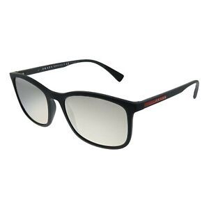Prada PS 01TS DG02B0 Black Rubber Plastic Rectangle Sunglasses Silver Mirror