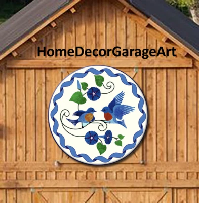 AMISH BARN QUILT DESIGNS Barn Quilt Sign, Blue Birds 2 Hex Design, Round Metal Sign, 6 Sizes