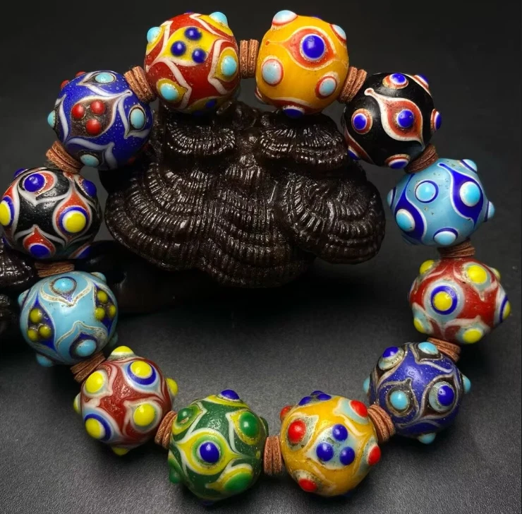 Rare Tibetan Collection Old Glass Dragonfly Eye Multi Treasure Bracelet - Image 1 of 4