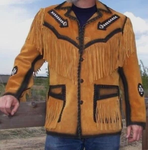 Chaqueta occidental de cuero de vaquero nativo americano con flecos y abrigo con cuentas - Imagen 1 de 3