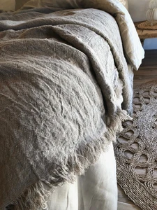 Rough pure linen blanket sofa bed cover natural flax colour handmade coverlet - Picture 1 of 7
