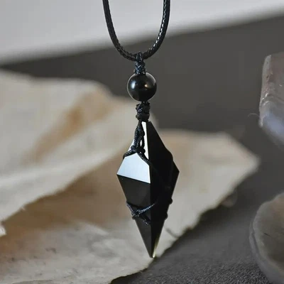 Natural Black Obsidian Rhombus Dangle Pendent Healing Reiki Men Women Necklace - Image 1 of 4