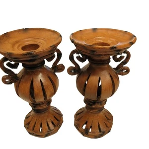 Pair Vintage Rustic Candle Holders Wood Candlesticks Openwork Accent Decor - Picture 1 of 4