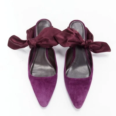 THE ROW Coco Bow purple velvet silk tie kitten mule heels EU37.5 - Image 1 of 4