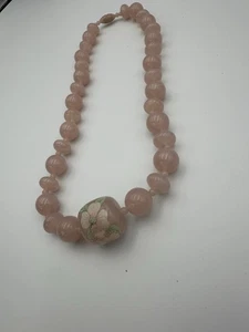 Vintage Pink Bead Necklace Floral Center Bead Lucite Plastic 1970s Cottagecore - Picture 1 of 5