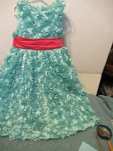 (V) Girls Rare Editions size 5 Aqua With Magenta Belt Lined 3d Roses built in - Picture 1 of 10