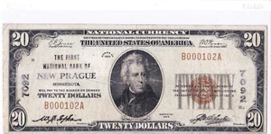 $20 1929 T1 National NEW PRAGUE Minnesota MN "Extremely Rare"((Only 8 on Census) - Picture 1 of 2