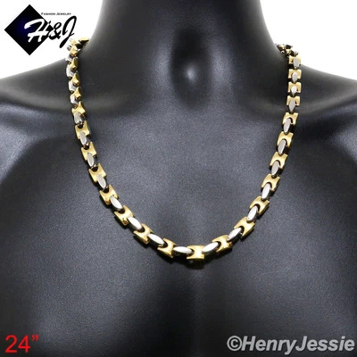 24 «МУЖЧИН из нержавеющей стали 8 мм серебра/позолоченный блокировки кости ссылка ожерелье - Изображение 1 из 3