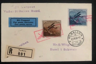 1930 年瓦杜兹·利希滕斯坦首次飞行航空邮件封面到瑞士圣加仑 C4-5 — 第 1/2 张图片
