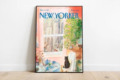 CELFINART New Yorker Vintage Cat Pink Cover Print, Retro Magazine Cover, March 1 1982