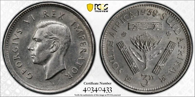 South Africa Silver 3 Pence 1939 PCGS MS62 - Image 1 of 3