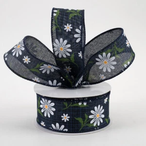 White Daisy on Navy Ribbon 1.5" x 10 yards - Picture 1 of 2