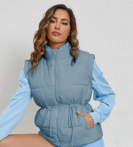 Quilted Puffer Vest with Drawstring Waist - Dusty Blue - XL - Picture 1 of 9