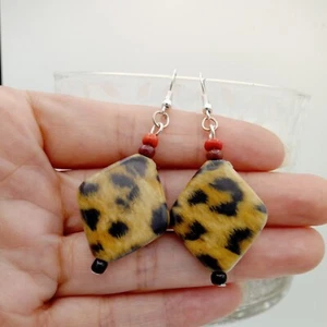 Leopard print Earrings dangles brown black neutral cheetah bohemian beaded - Picture 1 of 6