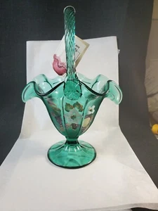 Fenton Green Hand Painted Bouquet Basket 10.5" - Picture 1 of 10