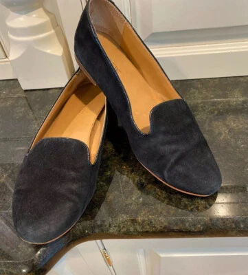 J Crew Black Suede Flats, Size 9.5. Patent Edging. - Image 1 of 4