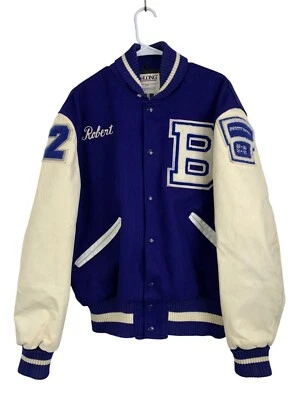 Vintage 90s DeLONG Mens Varsity Letterman Jacket Mr Warren Wool Leather M/L Blue - Image 1 of 4