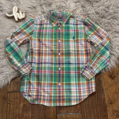 Ralph Lauren Shirt Boys Polo Size 7 Orange Green Long Sleeve Cotton Blue Pony - Image 1 of 4