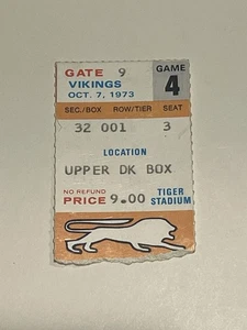 Oct 7 1973 Detroit Lions v Vikings @ Tiger Stadium Row 1 Seat 3 Ticket Stub - Picture 1 of 2